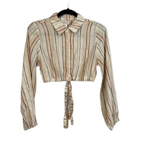 L Space Play It Cool Top Cropped Long Sleeve with tie Cream Striped Sz XS NWT